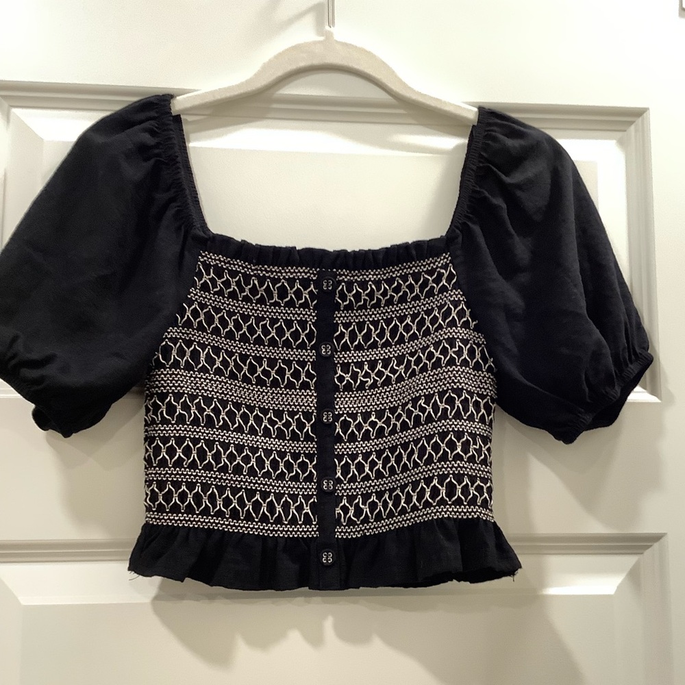 Black Smocked Crop Top Blue Rain Puffy Sleeve Boho Cottagecore Crop Top